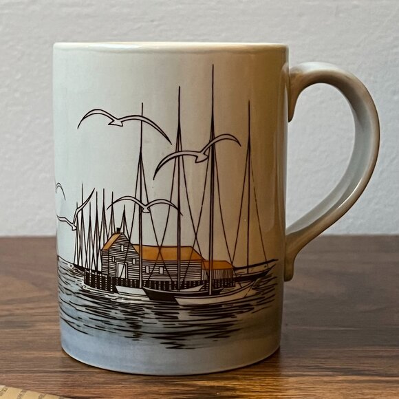 Otagiri Stoneware Mug Nautical Yachts Boats Seagulls Pier - Picture 1 of 9